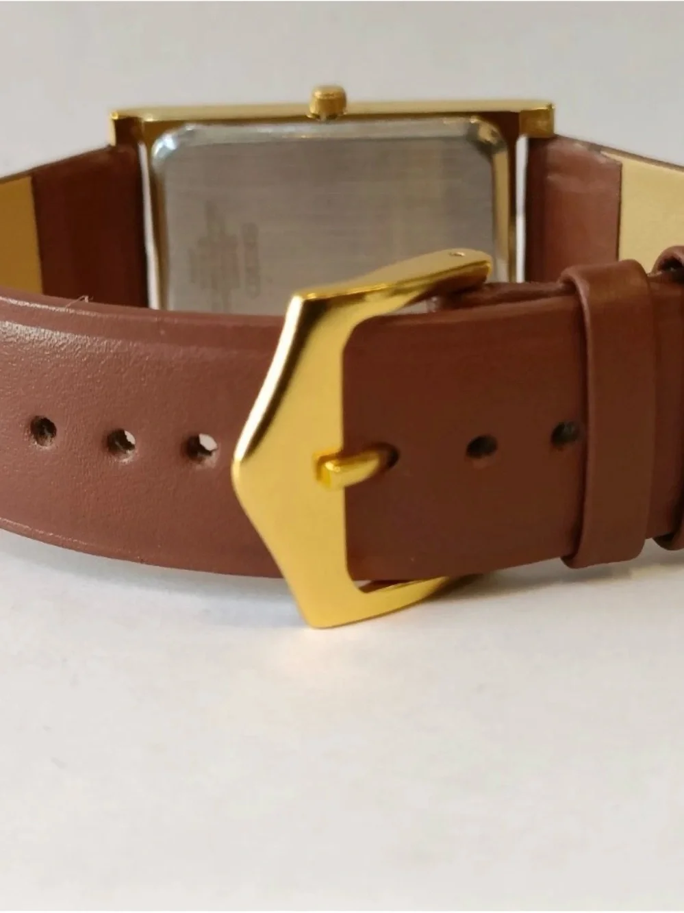 Seiko Gold-Tone Rectangular Watch with Brown Leather Strap and White Dial